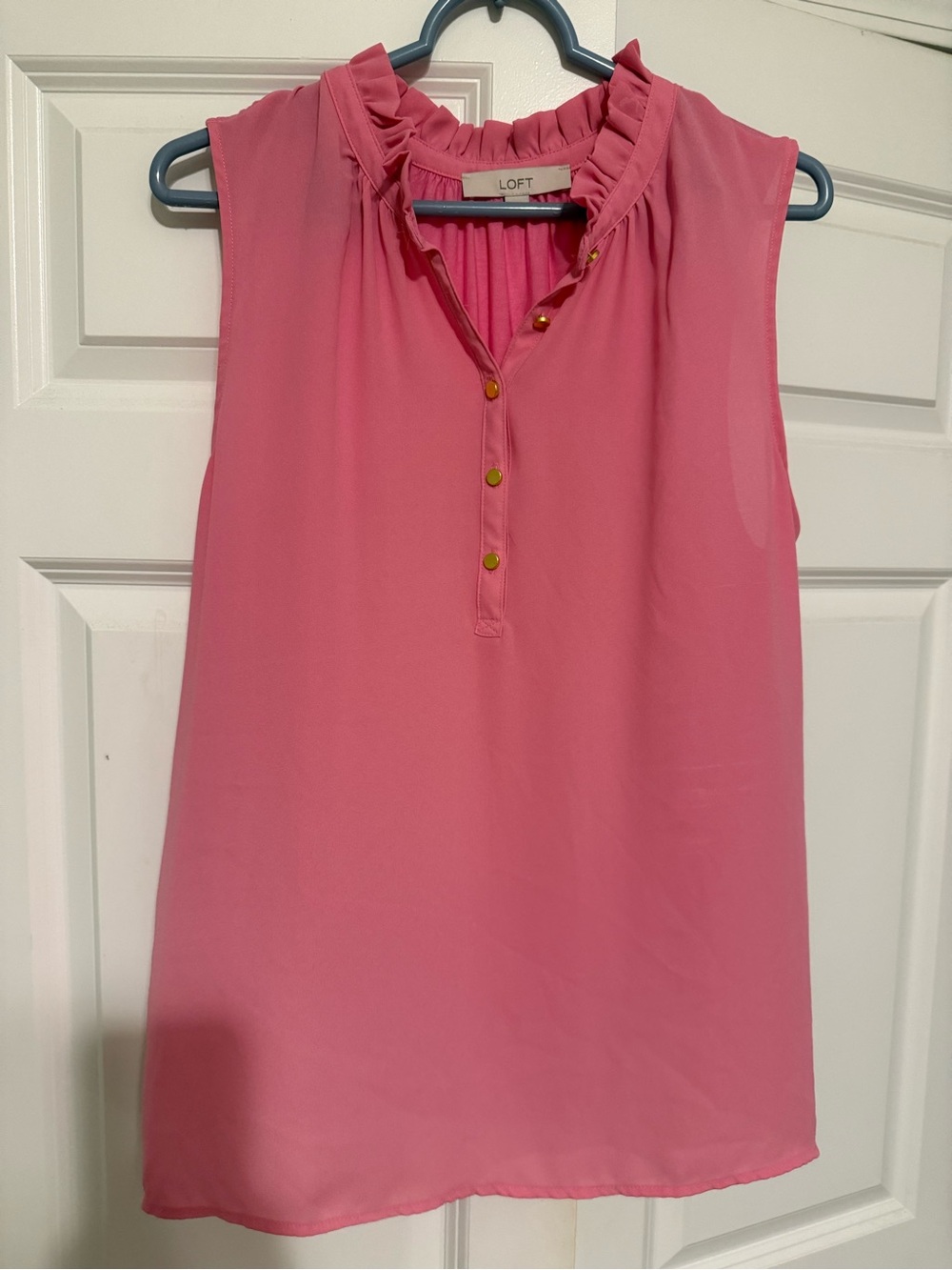 LOFT Pink Sleeveless Ruffle Neck Blouse with Gold Buttons